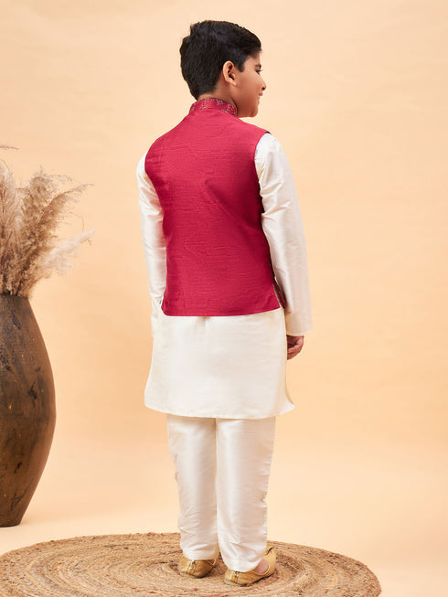 Boy's Maroon Nehru Jacket With Cream Kurta And Pyjama Set