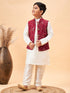 Boy's Maroon Nehru Jacket With Cream Kurta And Pyjama Set