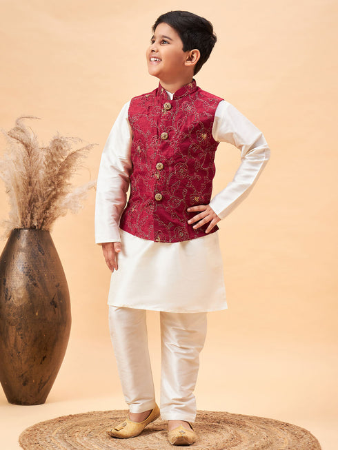 Boy's Maroon Nehru Jacket With Cream Kurta And Pyjama Set