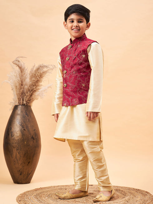 Boy's Maroon Nehru Jacket With Gold Kurta And Pyjama Set