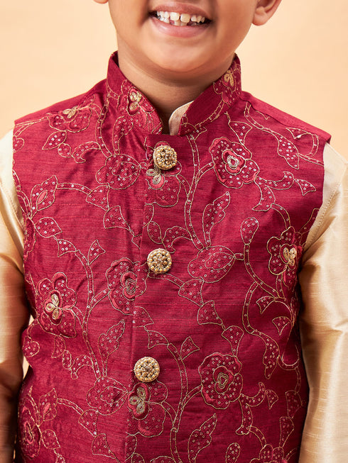 Boy's Maroon Nehru Jacket With Gold Kurta And Pyjama Set