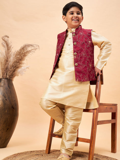 Boy's Maroon Nehru Jacket With Gold Kurta And Pyjama Set