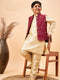 Boy's Maroon Nehru Jacket With Gold Kurta And Pyjama Set