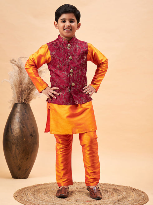 Boy's Maroon Nehru Jacket With Orange Kurta And Pyjama Set