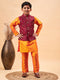Boy's Maroon Nehru Jacket With Orange Kurta And Pyjama Set