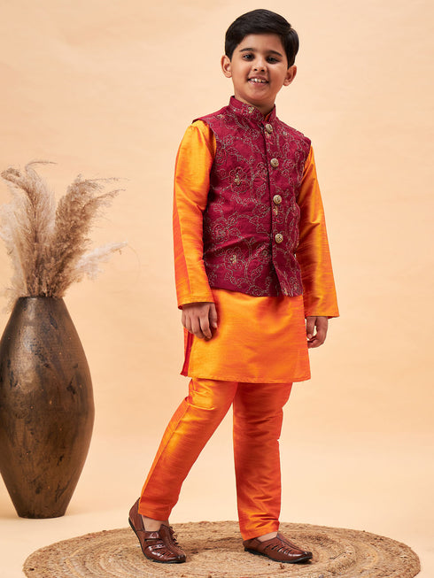 Boy's Maroon Nehru Jacket With Orange Kurta And Pyjama Set