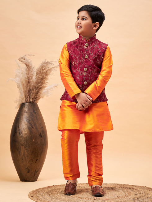 Boy's Maroon Nehru Jacket With Orange Kurta And Pyjama Set
