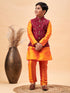 Boy's Maroon Nehru Jacket With Orange Kurta And Pyjama Set