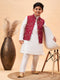 Boy's Maroon Nehru Jacket With White Kurta And Pyjama Set