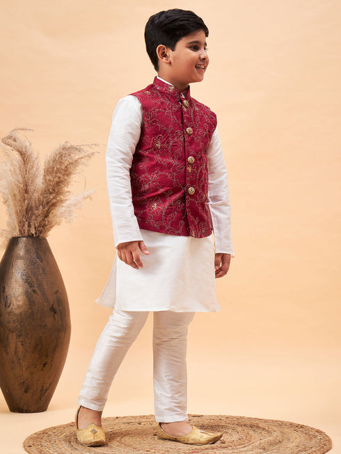 Boy's Maroon Nehru Jacket With White Kurta And Pyjama Set