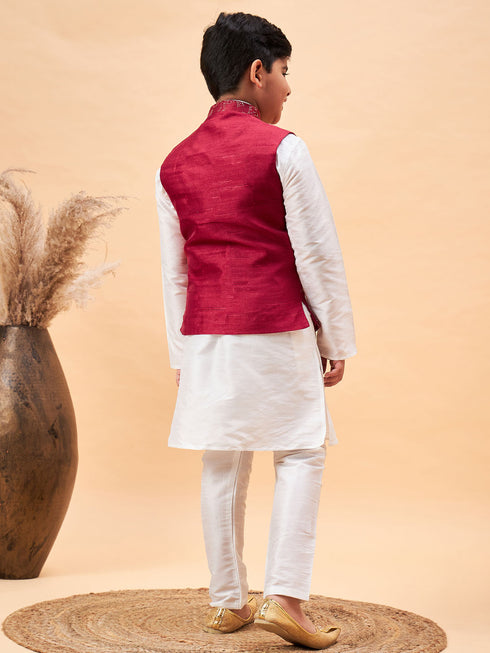 Boy's Maroon Nehru Jacket With White Kurta And Pyjama Set