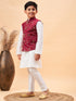 Boy's Maroon Nehru Jacket With White Kurta And Pyjama Set