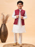 Boy's Maroon Nehru Jacket With White Kurta And Pyjama Set