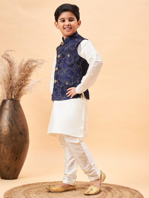 Boy's Navy Blue Nehru Jacket With Cream Kurta And Pyjama Set