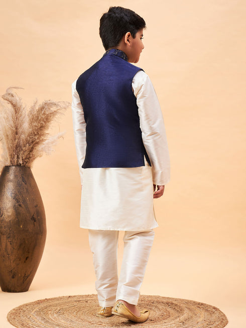 Boy's Navy Blue Nehru Jacket With Cream Kurta And Pyjama Set