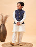 Boy's Navy Blue Nehru Jacket With Cream Kurta And Pyjama Set
