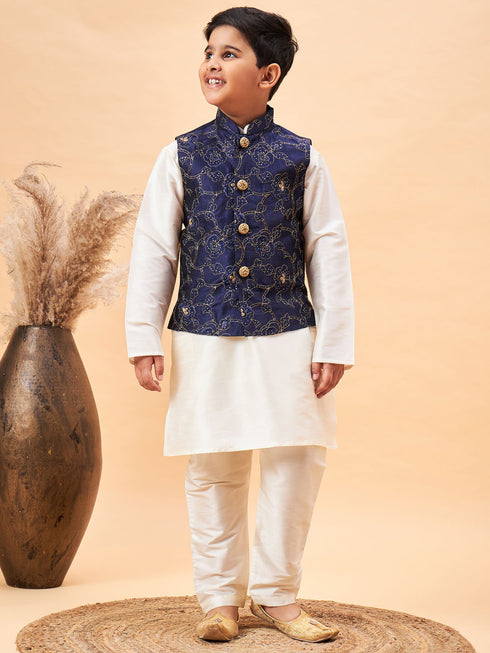 Boy's Navy Blue Nehru Jacket With Cream Kurta And Pyjama Set