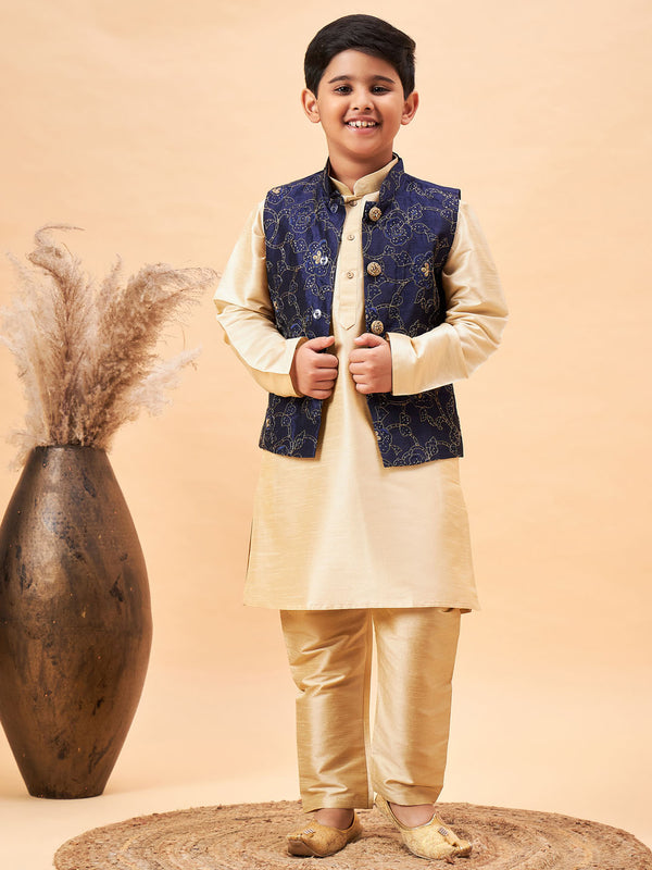 Boy's Navy Blue Nehru Jacket With Gold Kurta And Pyjama Set