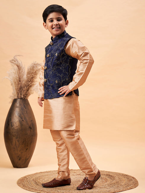 Boy's Navy Blue Nehru Jacket With Rose Gold Kurta And Pyjama Set