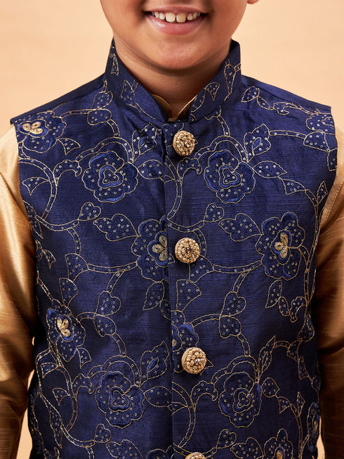 Boy's Navy Blue Nehru Jacket With Rose Gold Kurta And Pyjama Set