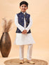 Boy's Navy Blue Nehru Jacket With White Kurta And Pyjama Set