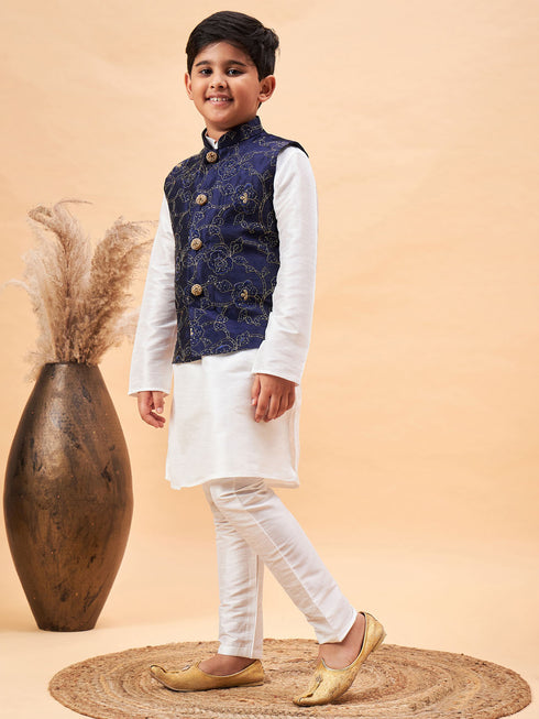 Boy's Navy Blue Nehru Jacket With White Kurta And Pyjama Set