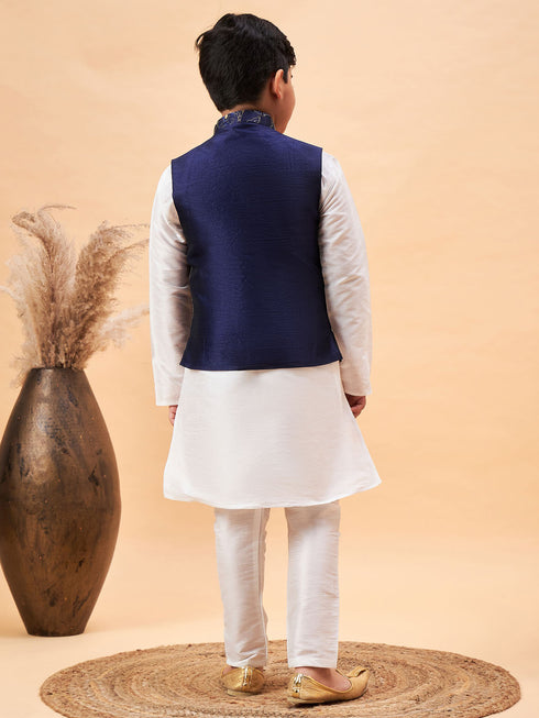 Boy's Navy Blue Nehru Jacket With White Kurta And Pyjama Set