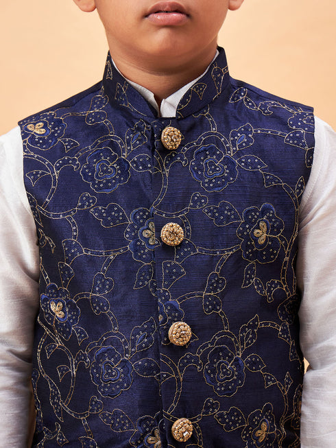 Boy's Navy Blue Nehru Jacket With White Kurta And Pyjama Set
