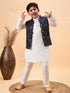 Boy's Navy Blue Nehru Jacket With White Kurta And Pyjama Set