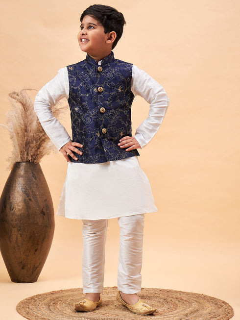 Boy's Navy Blue Nehru Jacket With White Kurta And Pyjama Set