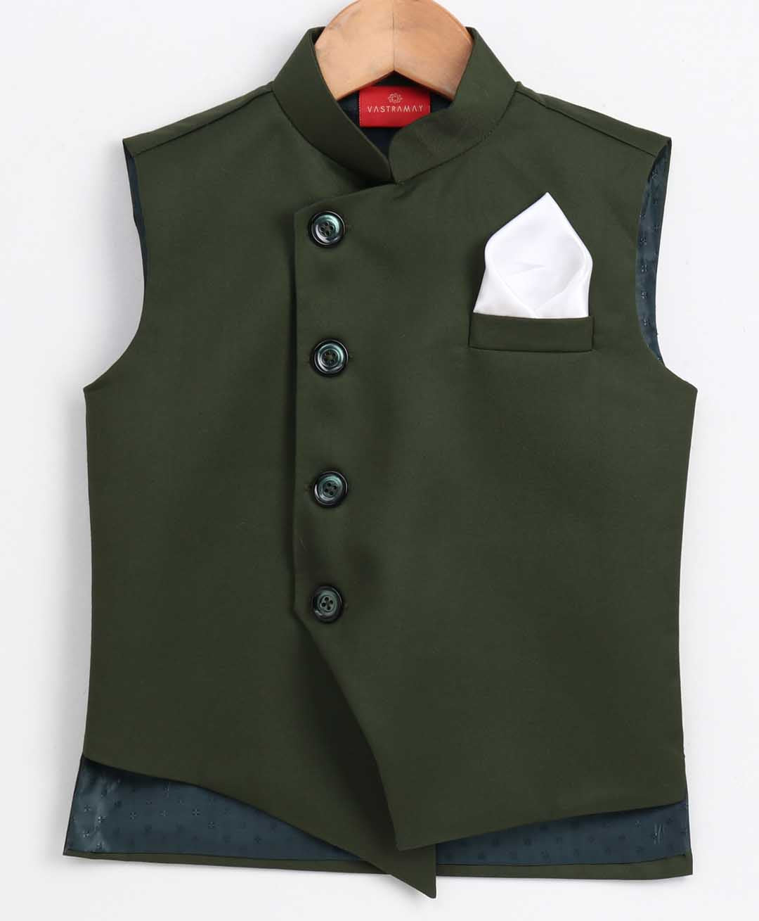 Boy's Dark Green Cotton Blend Twill Nehru Jacket