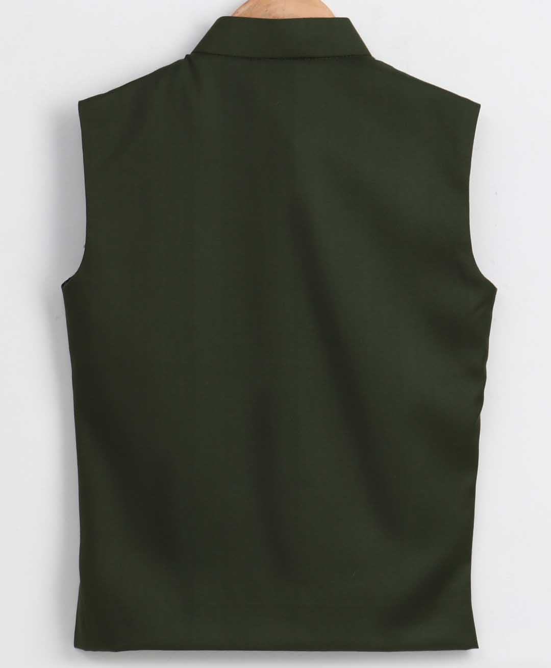 Boy's Dark Green Cotton Blend Twill Nehru Jacket
