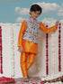 Boy's Aqua Floral Printed Nehru Jacket With Orange Kurta And Pyjama Set