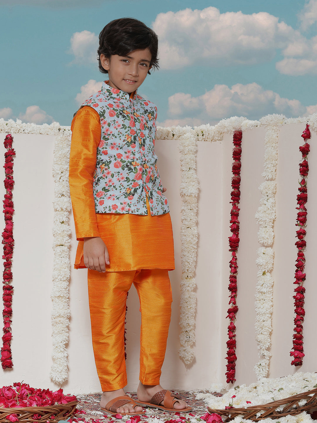 Boy's Aqua Floral Printed Nehru Jacket With Orange Kurta And Pyjama Set