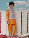 Boy's Aqua Floral Printed Nehru Jacket With Orange Kurta And Pyjama Set