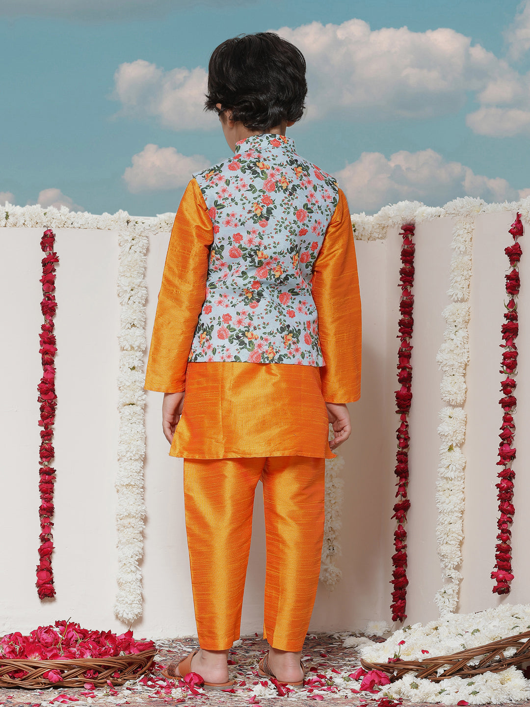 Boy's Aqua Floral Printed Nehru Jacket With Orange Kurta And Pyjama Set