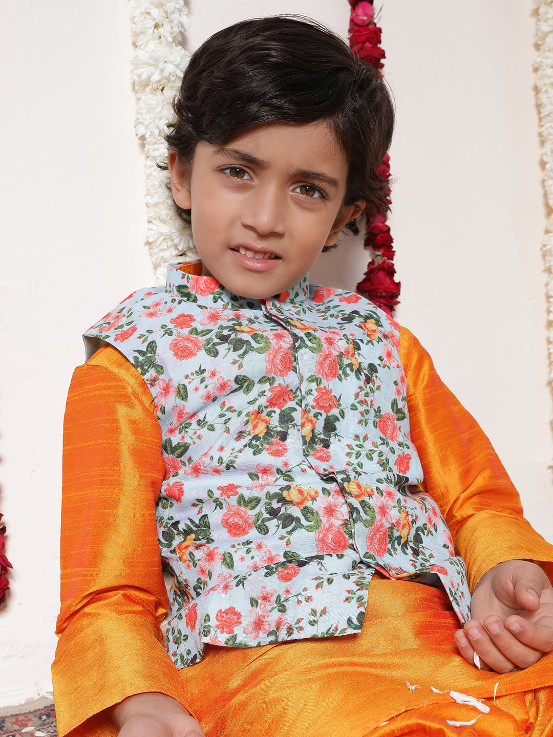 Boy's Aqua Floral Printed Nehru Jacket With Orange Kurta And Pyjama Set