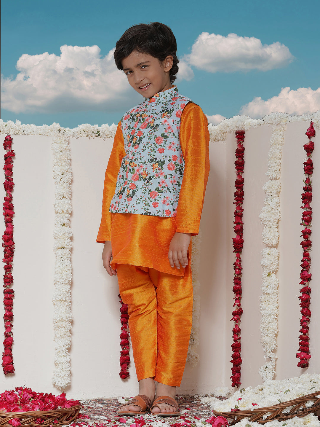 Boy's Aqua Floral Printed Nehru Jacket With Orange Kurta And Pyjama Set