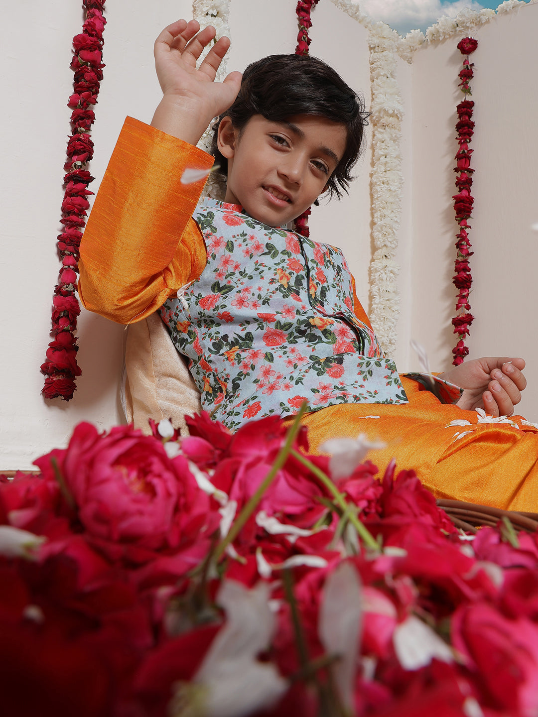 Boy's Aqua Floral Printed Nehru Jacket With Orange Kurta And Pyjama Set