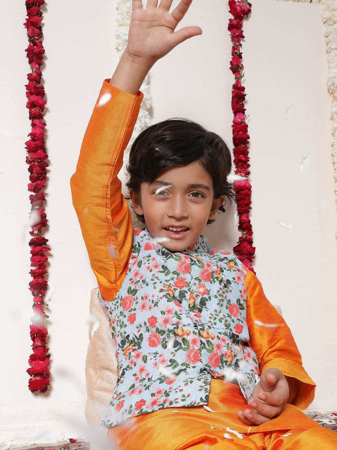 Boy's Aqua Floral Printed Nehru Jacket With Orange Kurta And Pyjama Set