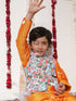 Boy's Aqua Floral Printed Nehru Jacket With Orange Kurta And Pyjama Set