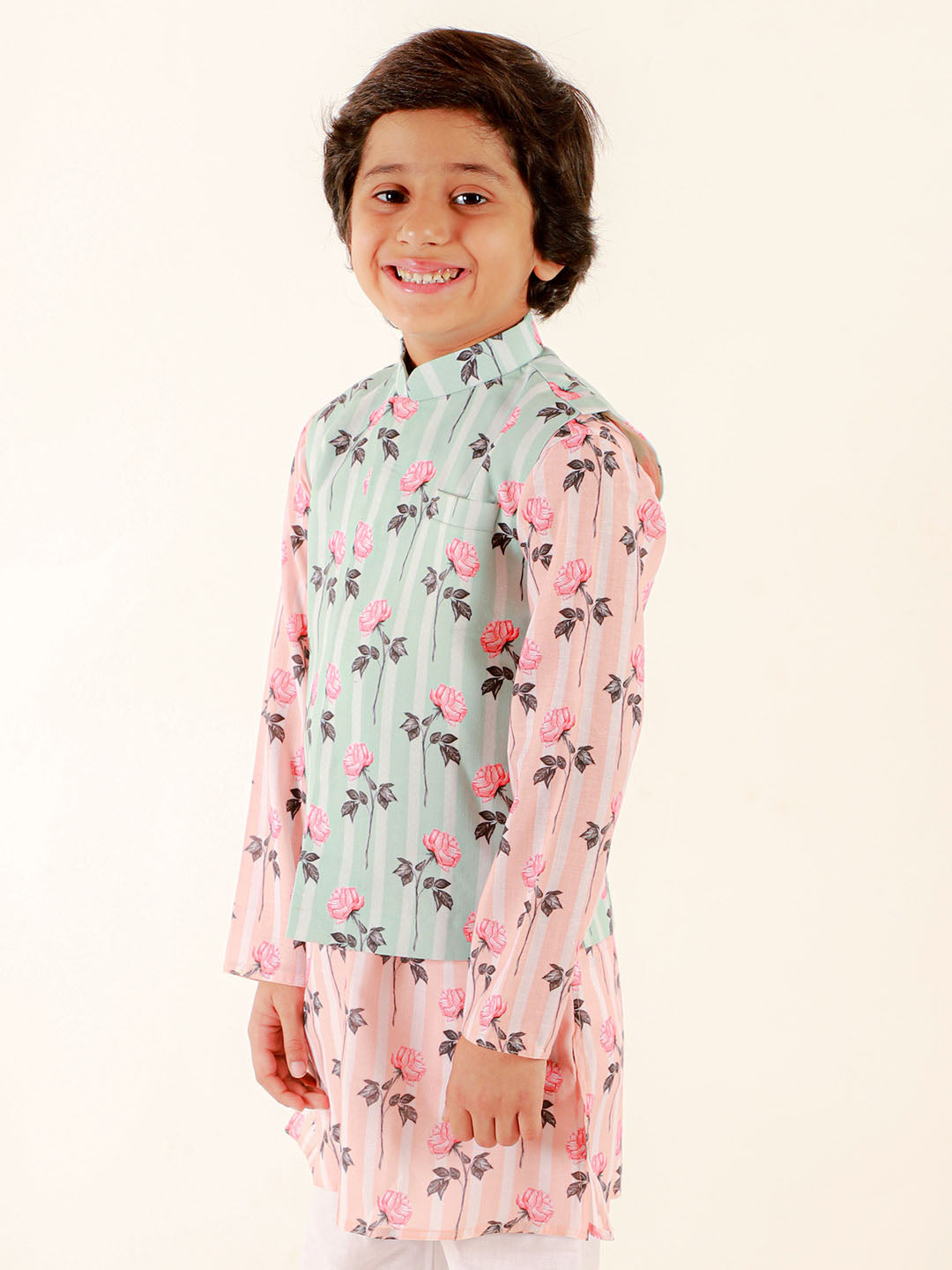Boy's Peach Floral Printed Nehru Jacket
