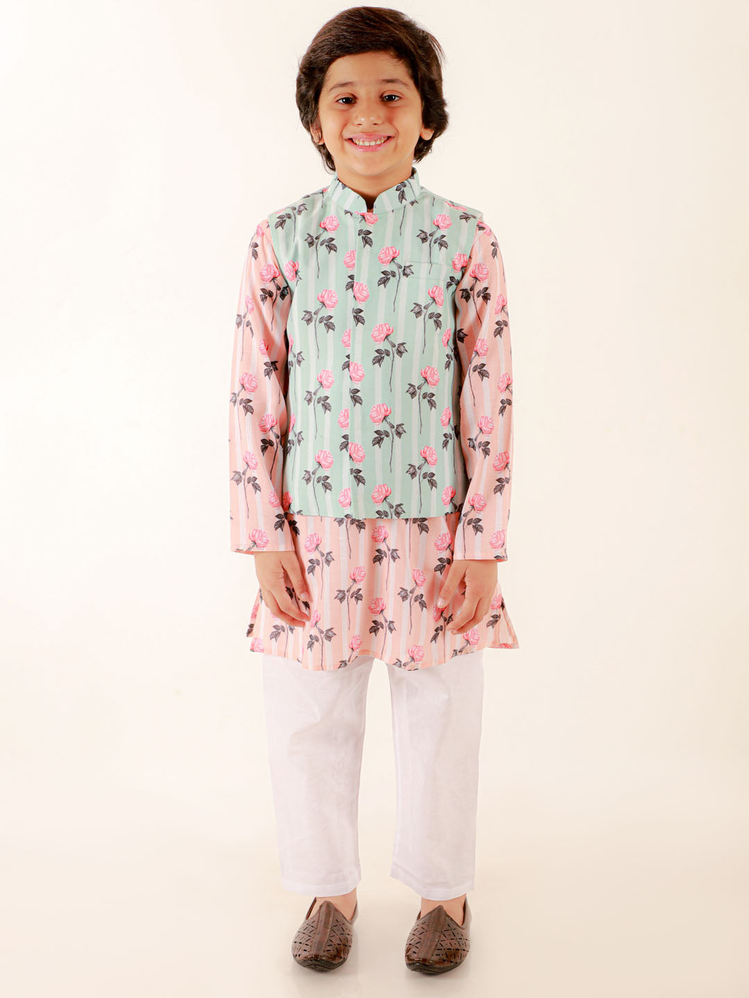 Boy's Peach Floral Printed Nehru Jacket