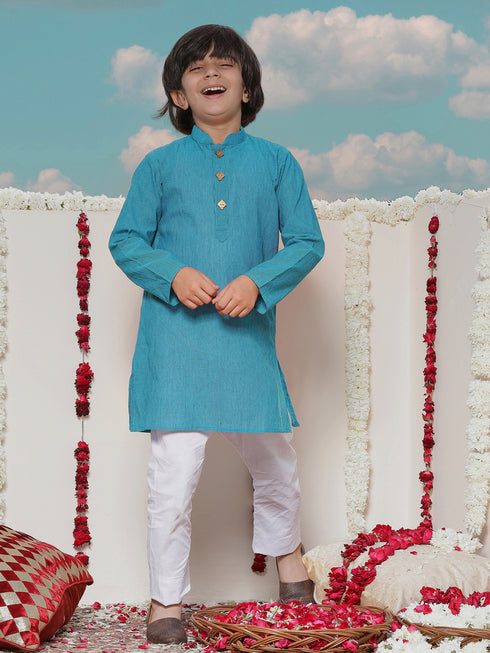Boy's Aqua Blue Cotton Kurta And Pyjama Set