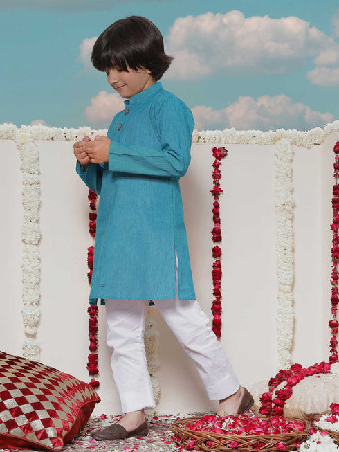 Boy's Aqua Blue Cotton Kurta And Pyjama Set