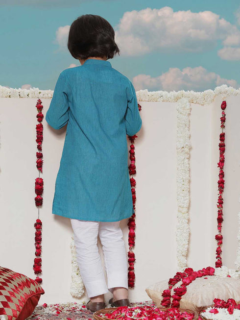 Boy's Aqua Blue Cotton Kurta And Pyjama Set