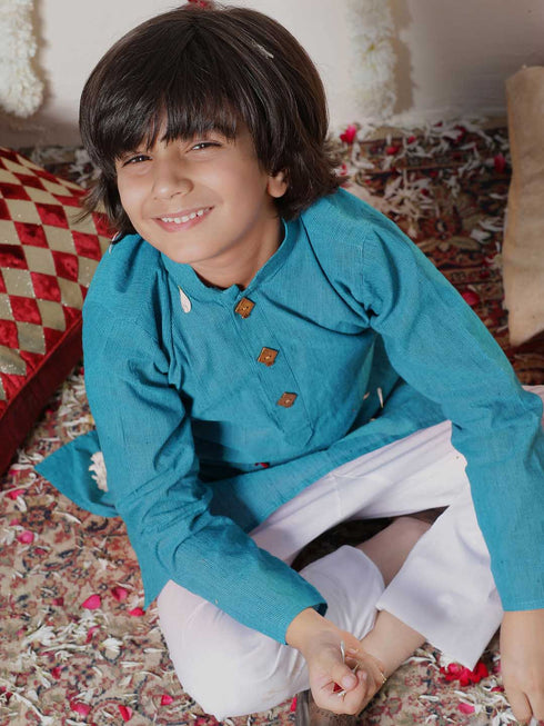 Boy's Aqua Blue Cotton Kurta And Pyjama Set