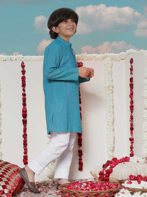 Boy's Aqua Blue Cotton Kurta And Pyjama Set