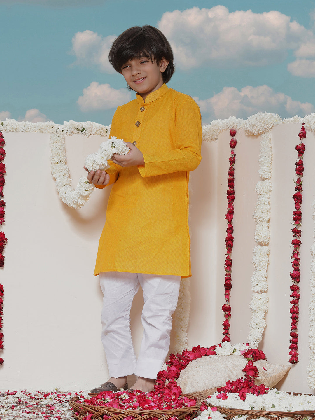 VASTRAMAY Boy's Yellow Cotton Kurta and Pyjama Set