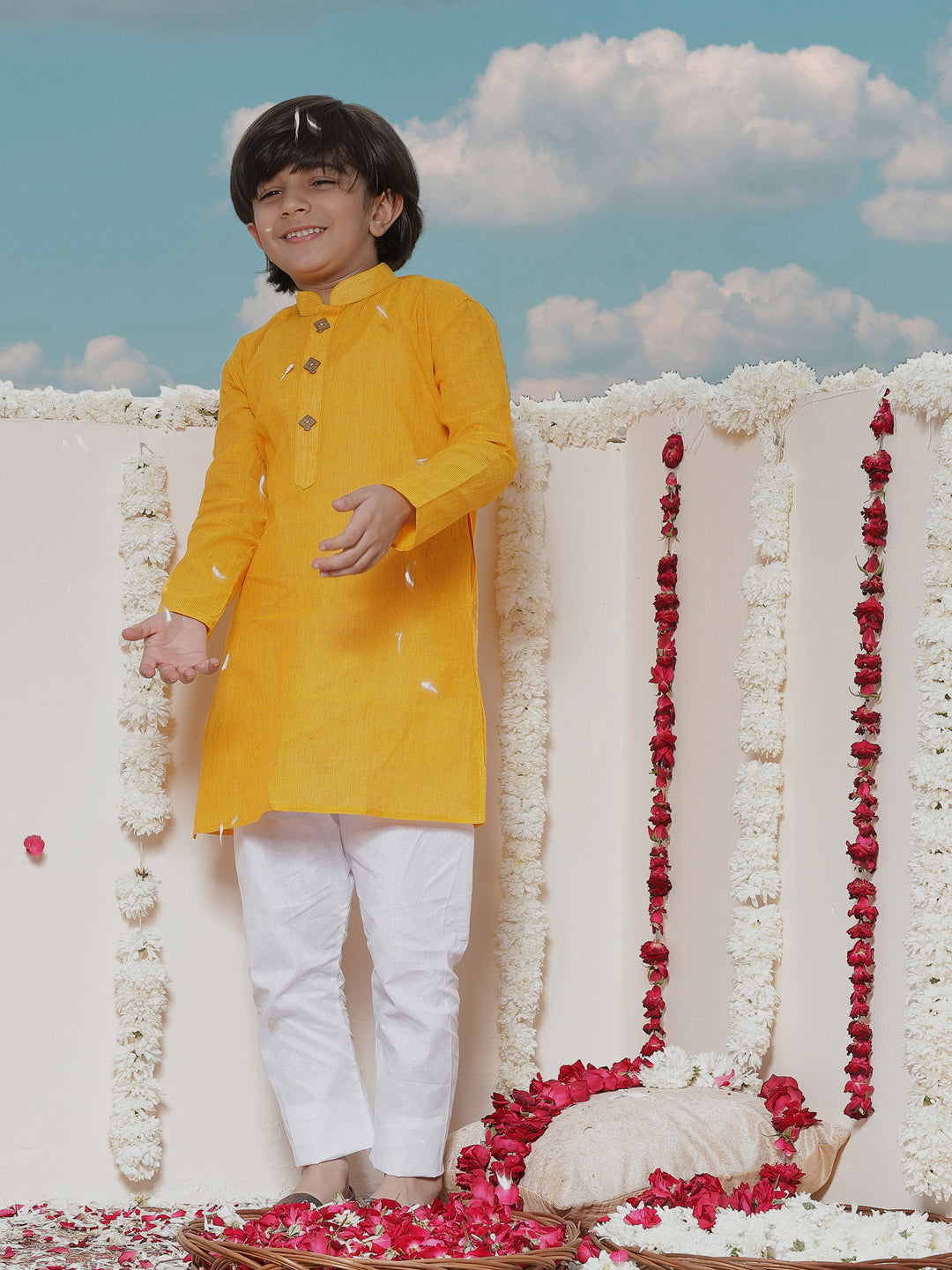 VASTRAMAY Boy's Yellow Cotton Kurta and Pyjama Set